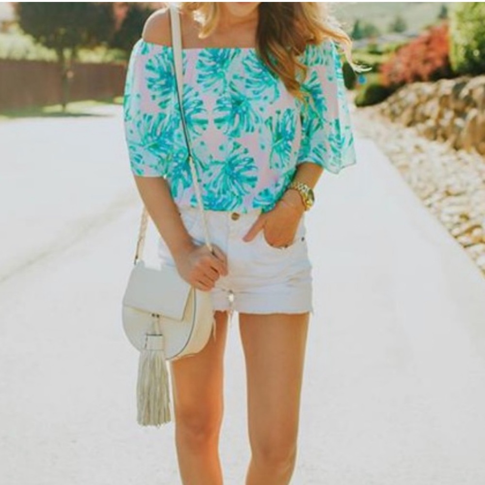 Buddy Love Palm Leaf Off Shoulder Top LARGE Pink Blue
